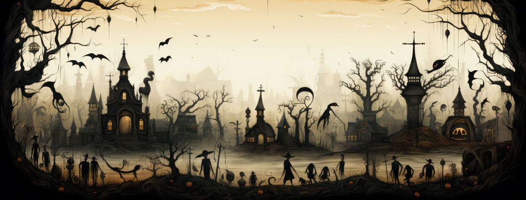 A dark, eerie village scene with people walking among bare trees and Gothic buildings at dusk.