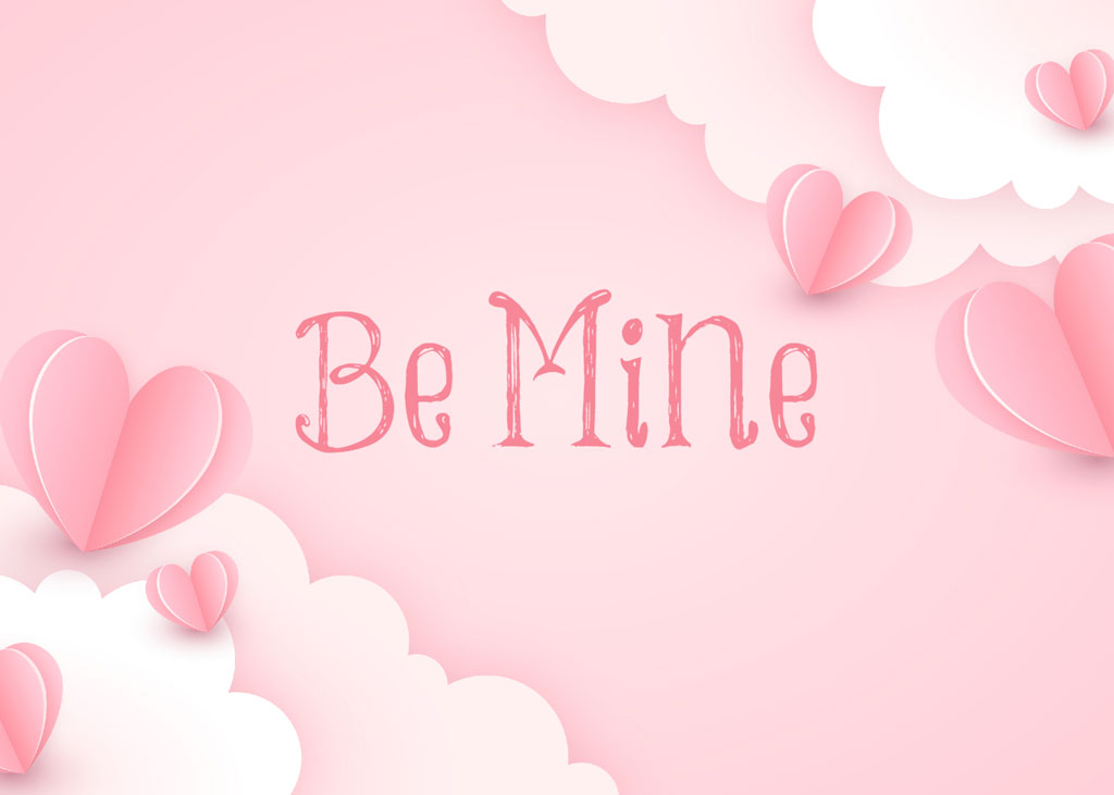 Be Mine greeting card with pink hearts and white clouds on a pink background