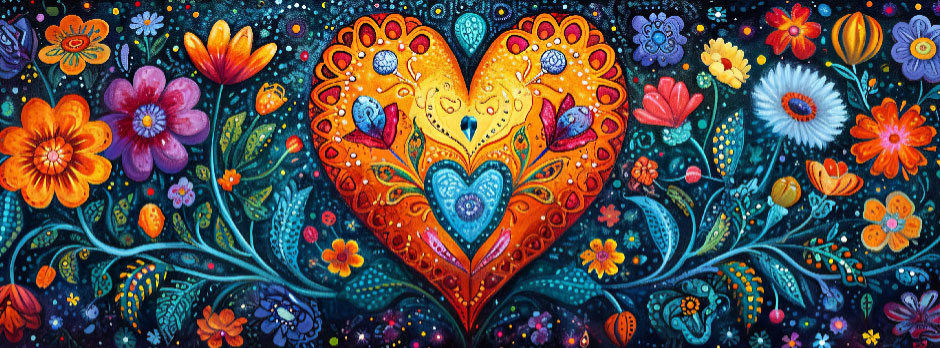 A stylized heart with floral patterns and surrounding flowers