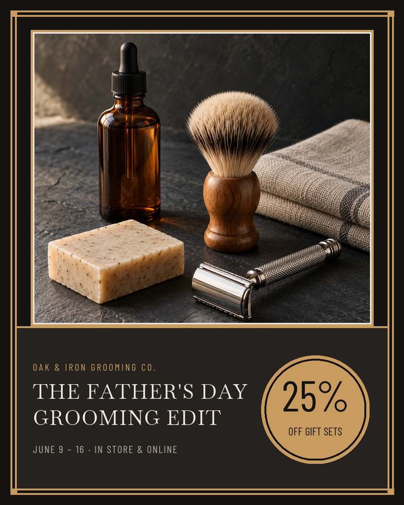 Portrait poster with grooming products, a 25% off badge, and Father’s Day sale text.