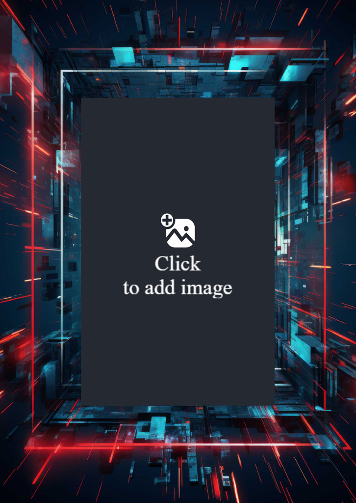 A modern app design template with a dark gray rectangle and a white icon on a dark background surrounded by red and blue neon lights.