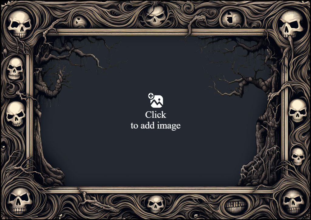 An ornate frame with skulls and vines on a dark background