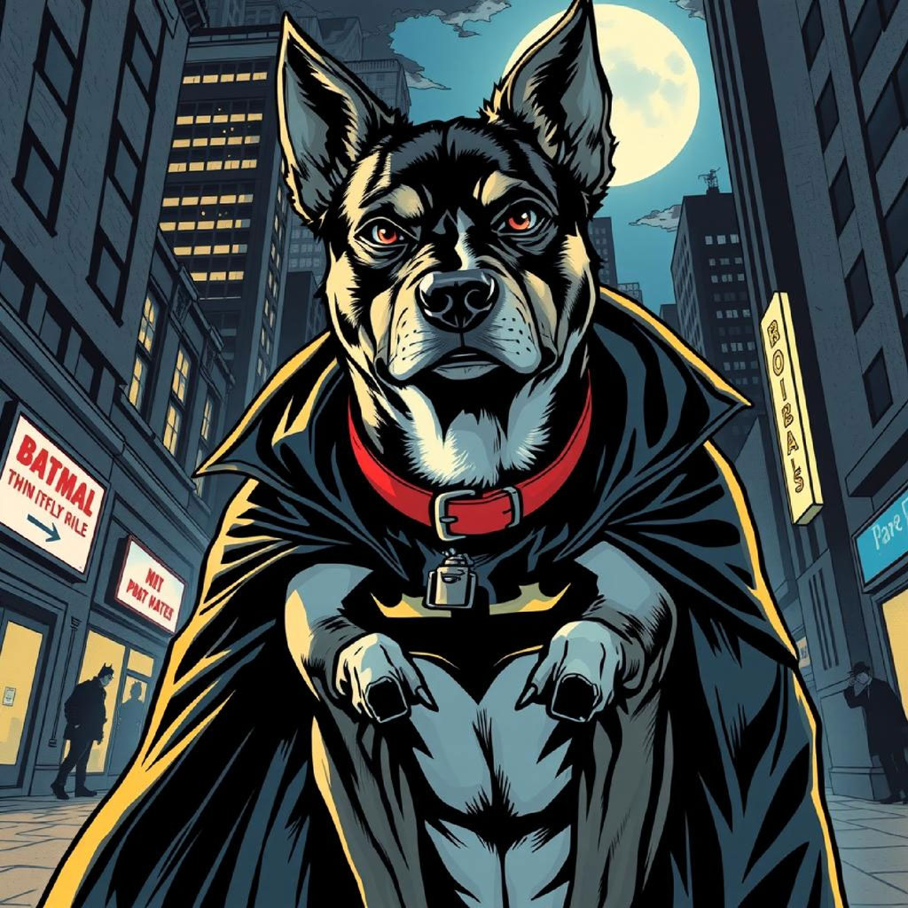 Comic book illustration of a blue superhero with cape and mask fighting in a city at night, alongside a woman in a pink costume.