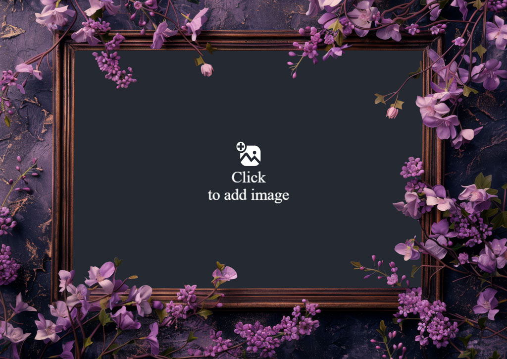 A dark brown picture frame with purple flowers around it