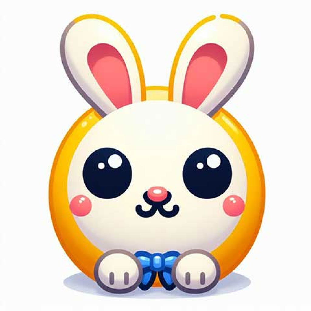 A 3D cartoon Easter bunny head with large eyes and a wide smile