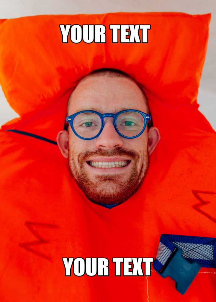 Man wearing blue glasses and an orange inflatable suit with 'YOUR TEXT' placeholders
