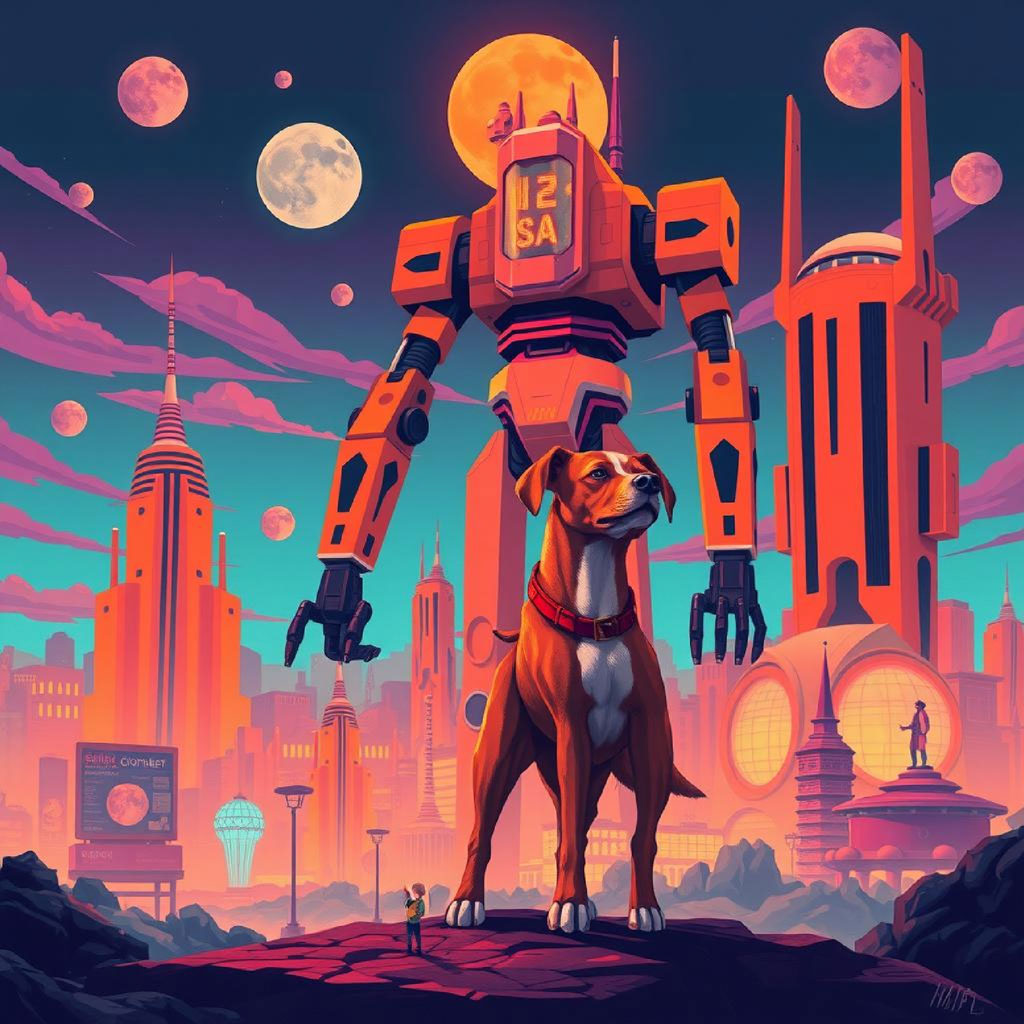 A large robot with red and gray panels stands in a futuristic city.