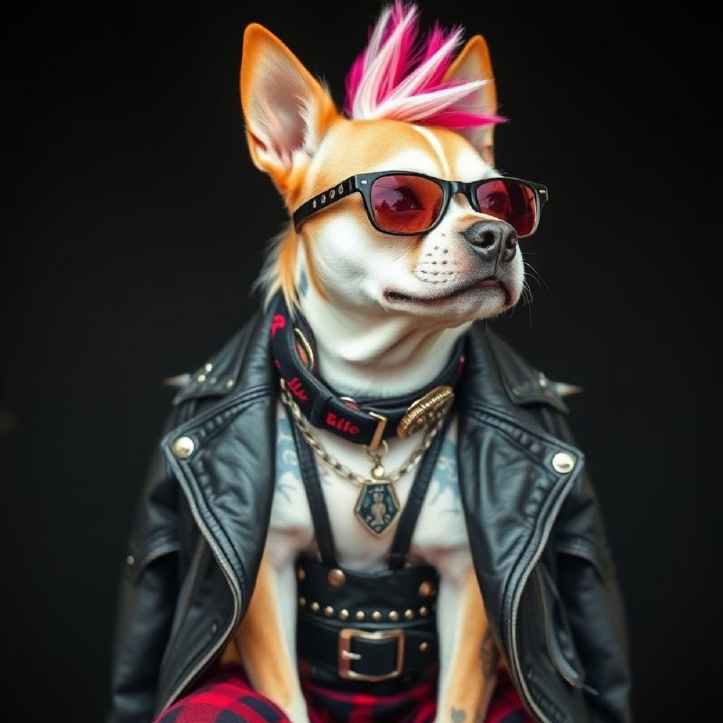 Young man with pink mohawk hair, wearing a black leather jacket and red plaid shirt, adorned with multiple silver chains.