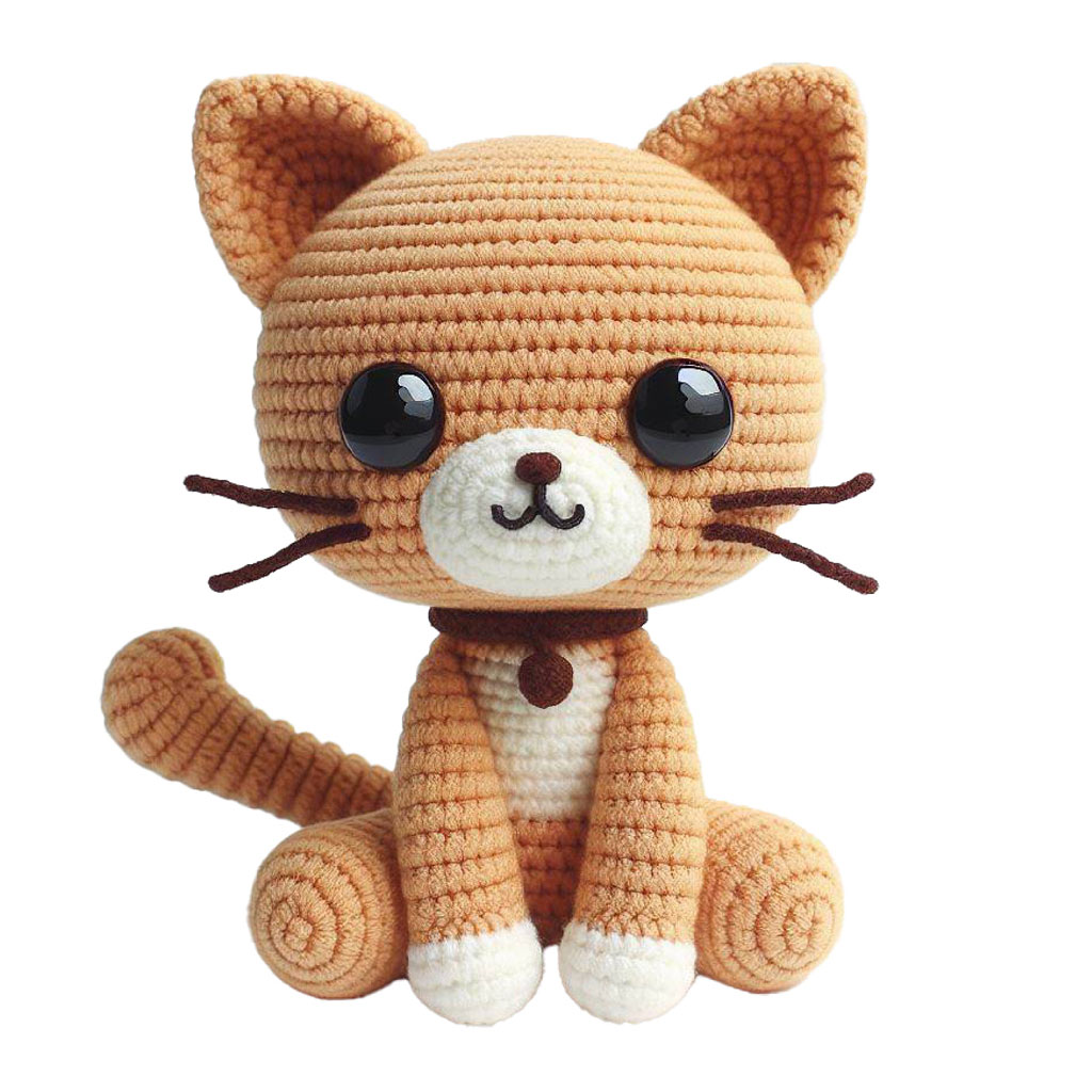 A crocheted orange cat with large black eyes and white paws