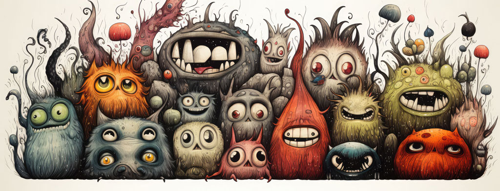 A diverse group of colorful, fantastical creatures with exaggerated features