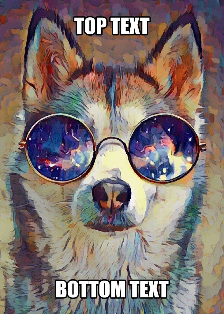 A dog wearing sunglasses with galaxy reflections in the lenses.