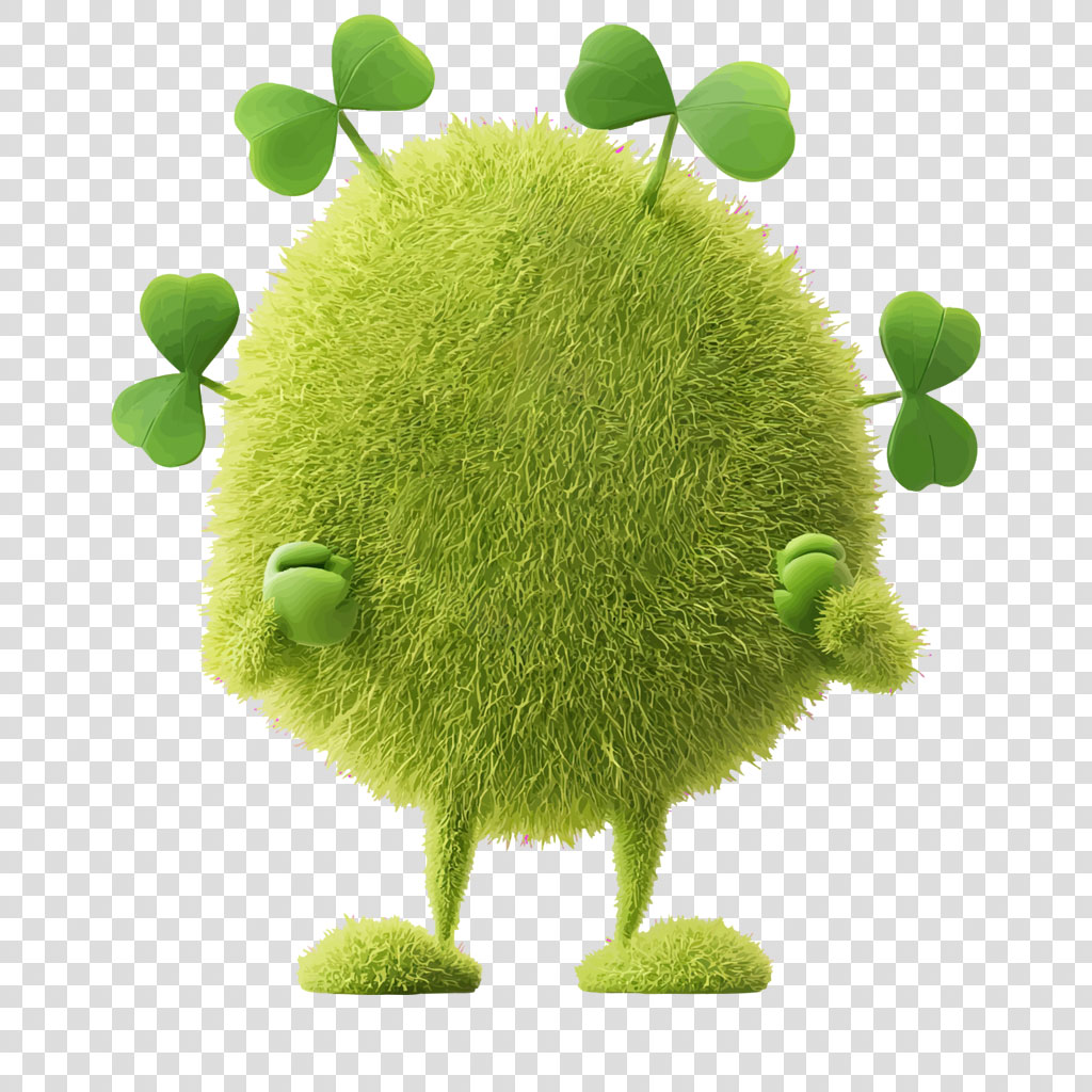 A round, green, furry creature with shamrock leaves and a cute face.