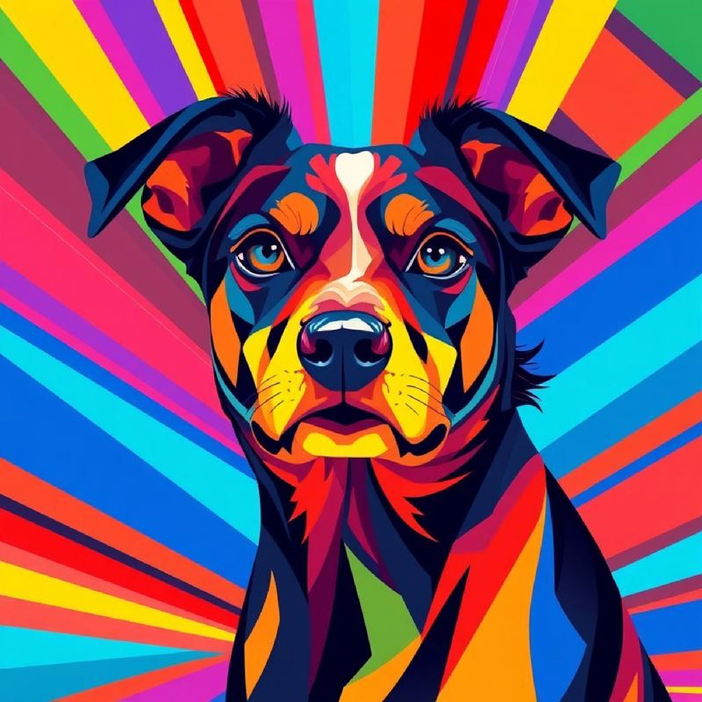 A woman's face in a pop art style with bright colors and abstract background