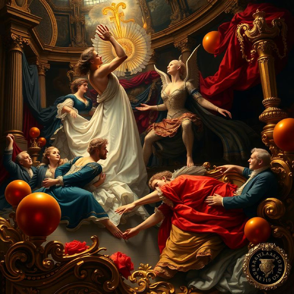 Baroque painting of a dynamic dance scene with figures in ornate attire