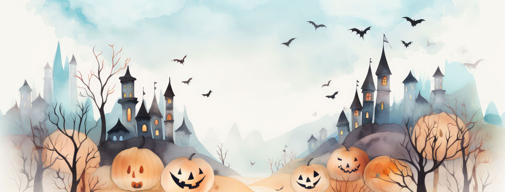Watercolor illustration of a haunted castle with jack-o-lanterns and bats