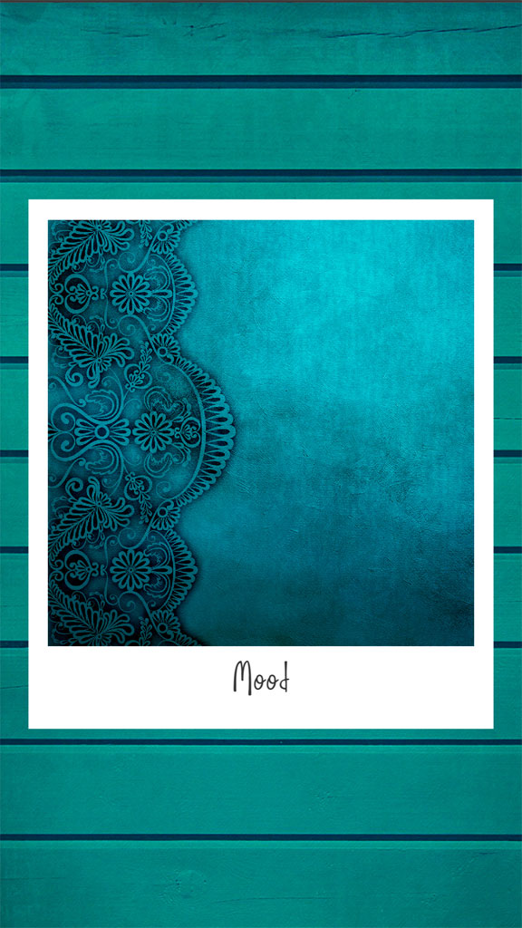 A Polaroid-style image with a teal background and floral lace design on the left side.