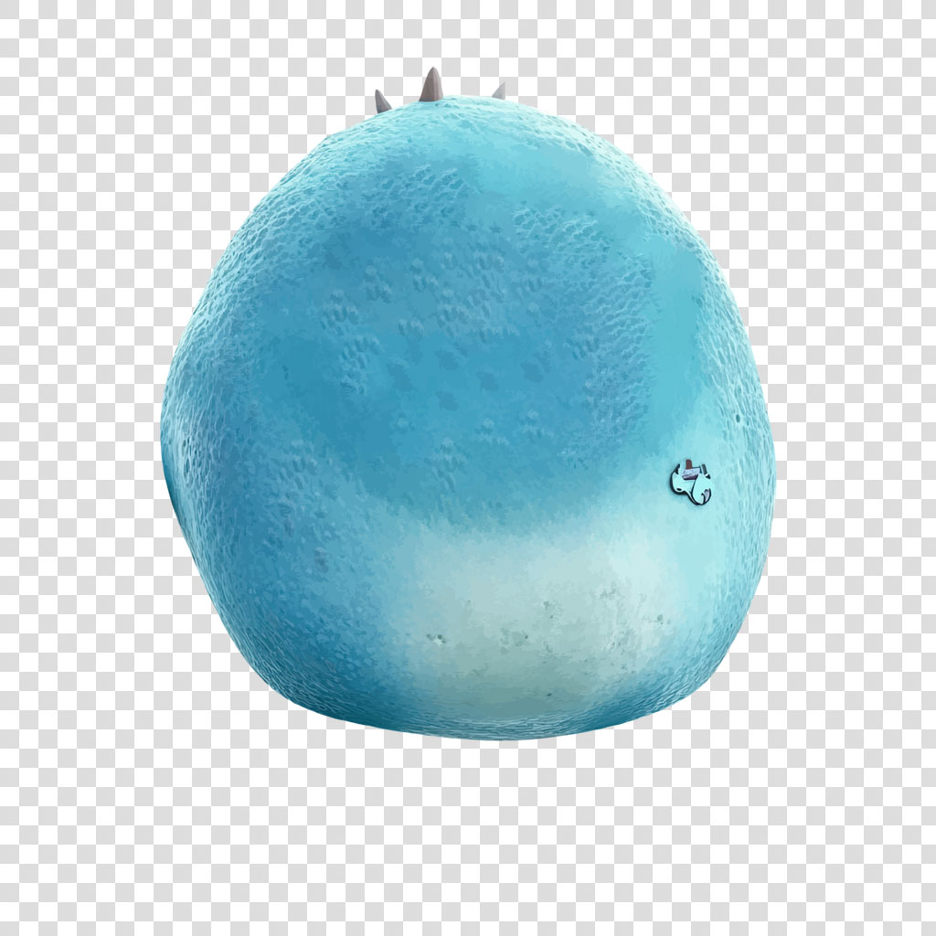 A blue squishmallow with spikes and a logo.