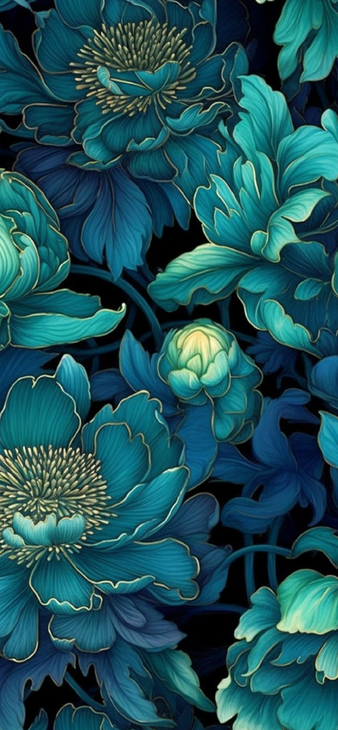 A seamless blue floral pattern with peony flowers and leaves.