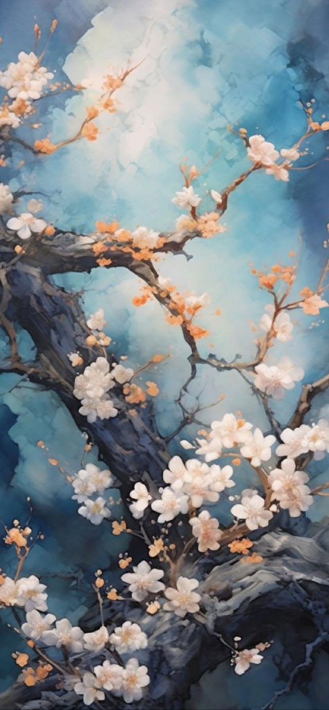 Watercolor painting of cherry blossoms on a blue background