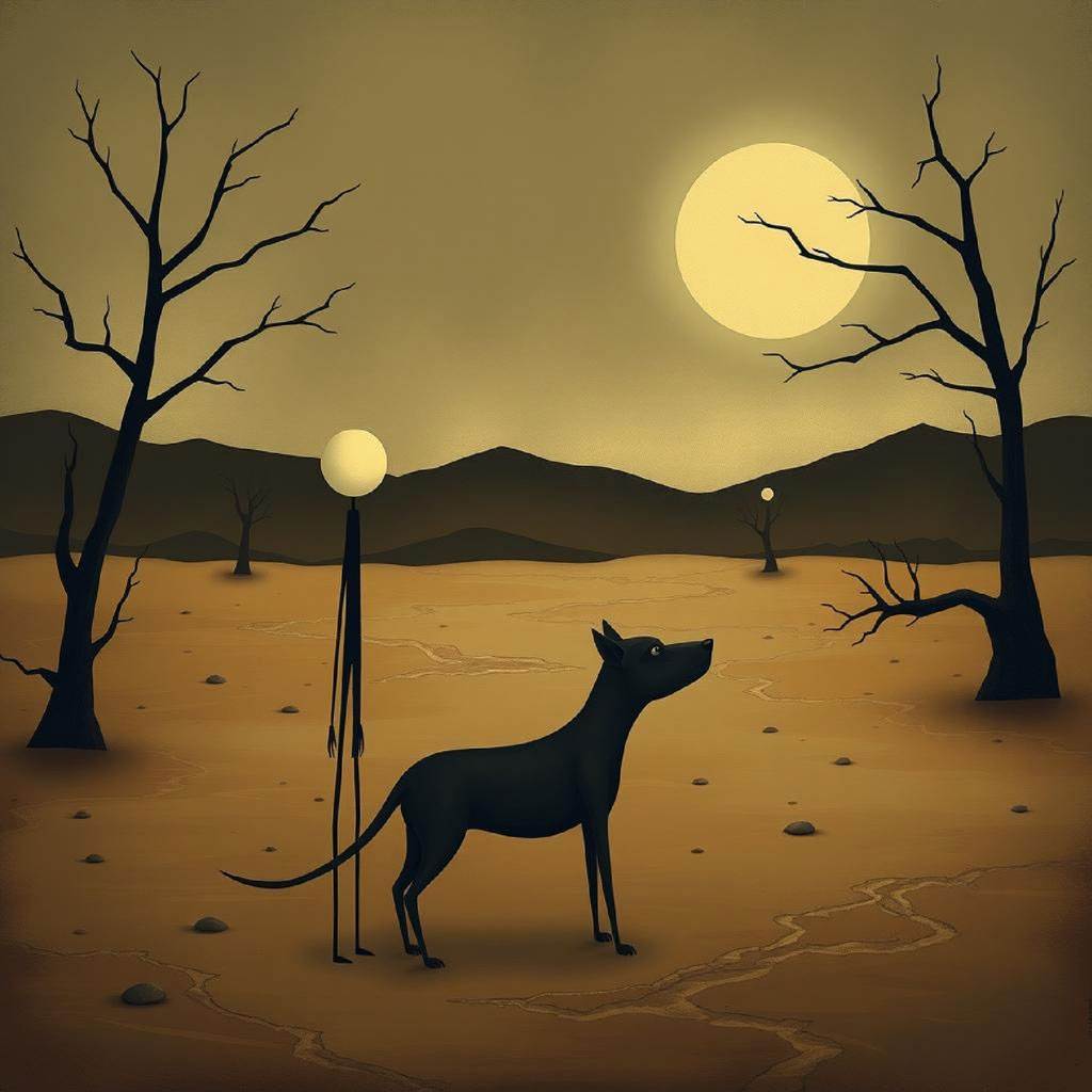 Three stick figures with round heads and black eyes in a barren desert with dead trees.