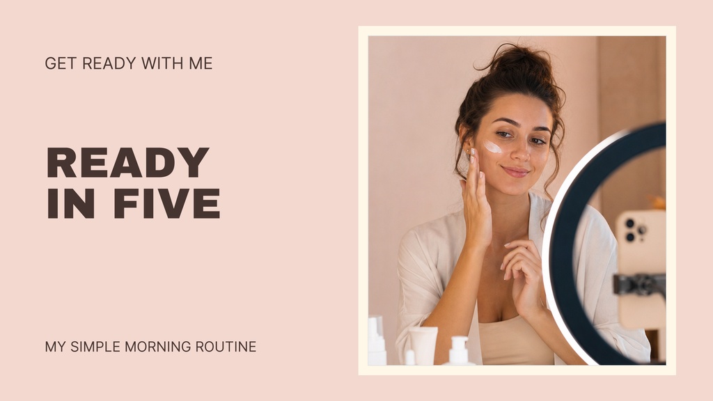 Beauty creator posing beside a ring light with bold text reading Ready in Five.