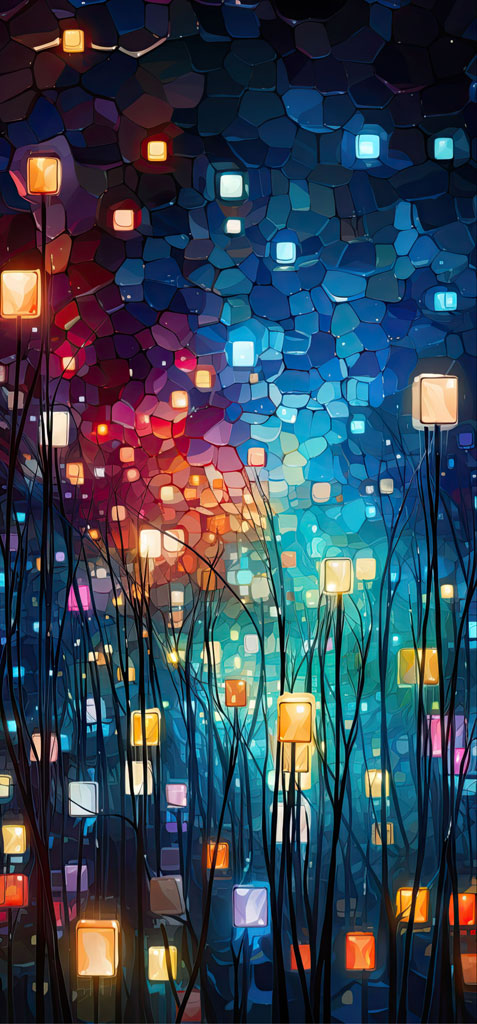 A colorful digital painting of a forest with glowing lanterns on trees and a mosaic background.