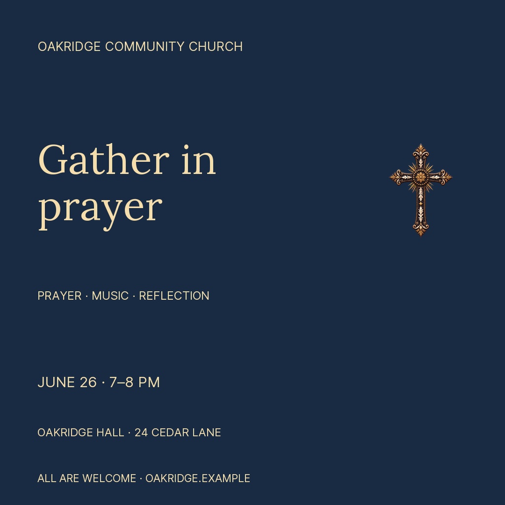 Dark blue square church event poster with gold text and a decorative cross.