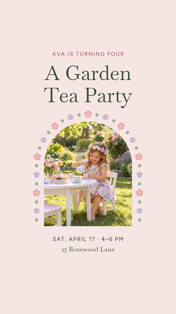 Portrait birthday story template with a girl at a garden tea party and floral border.