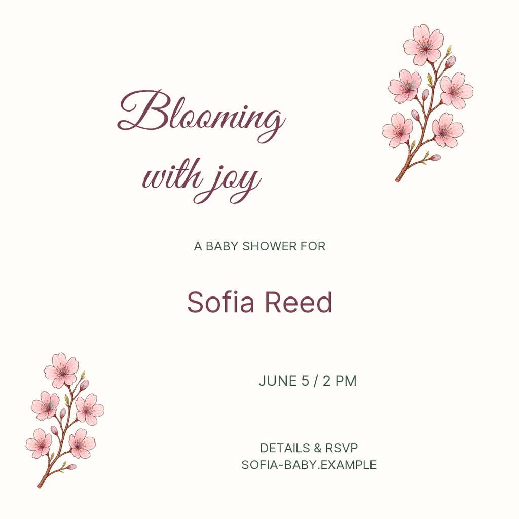 Square baby shower invitation with pink cherry blossom branches and the text Blooming with Joy.