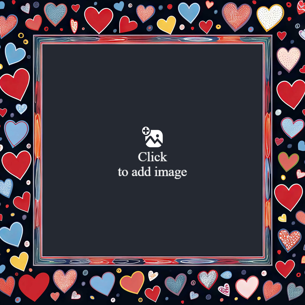 A colorful heart-themed frame with a black center