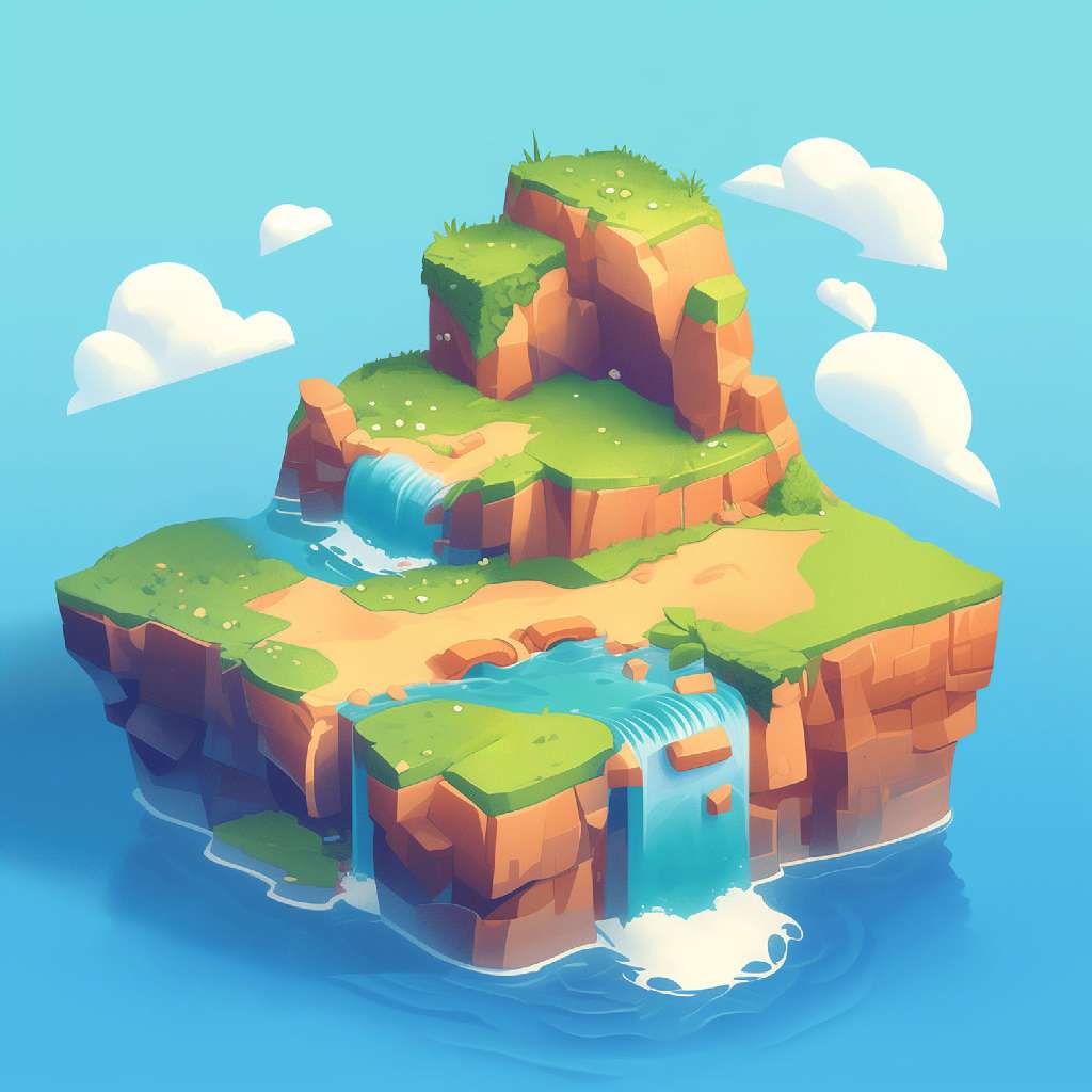 A 3D rendered floating island with green grass, rocky cliffs, and waterfalls surrounded by a blue sky with white clouds.