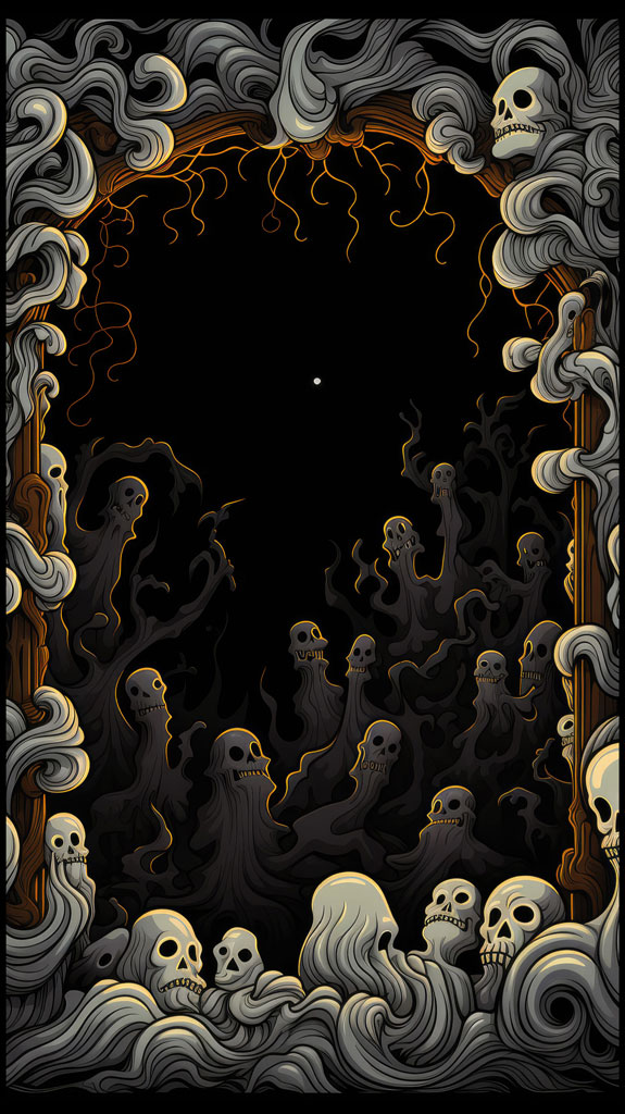An illustration of a dark scene with skulls and ghostly apparitions surrounded by swirling clouds.
