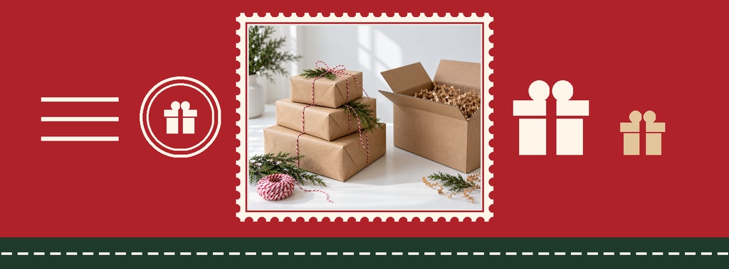 Red holiday page cover with gift boxes, shipping icons, and a central framed package photo