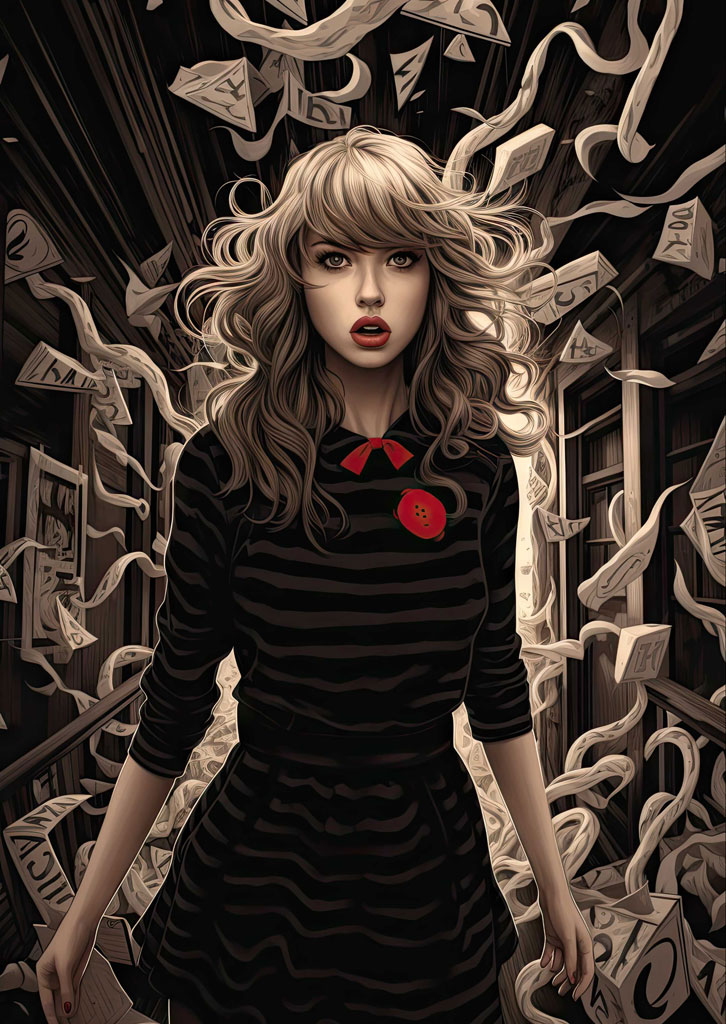 Illustration of a woman with long hair in a black dress with red accents standing in a library with papers swirling around her.