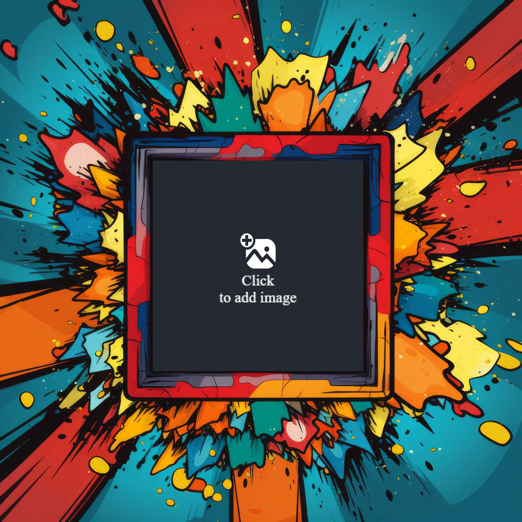 A comic book style frame with a black center and a colorful explosion around it.