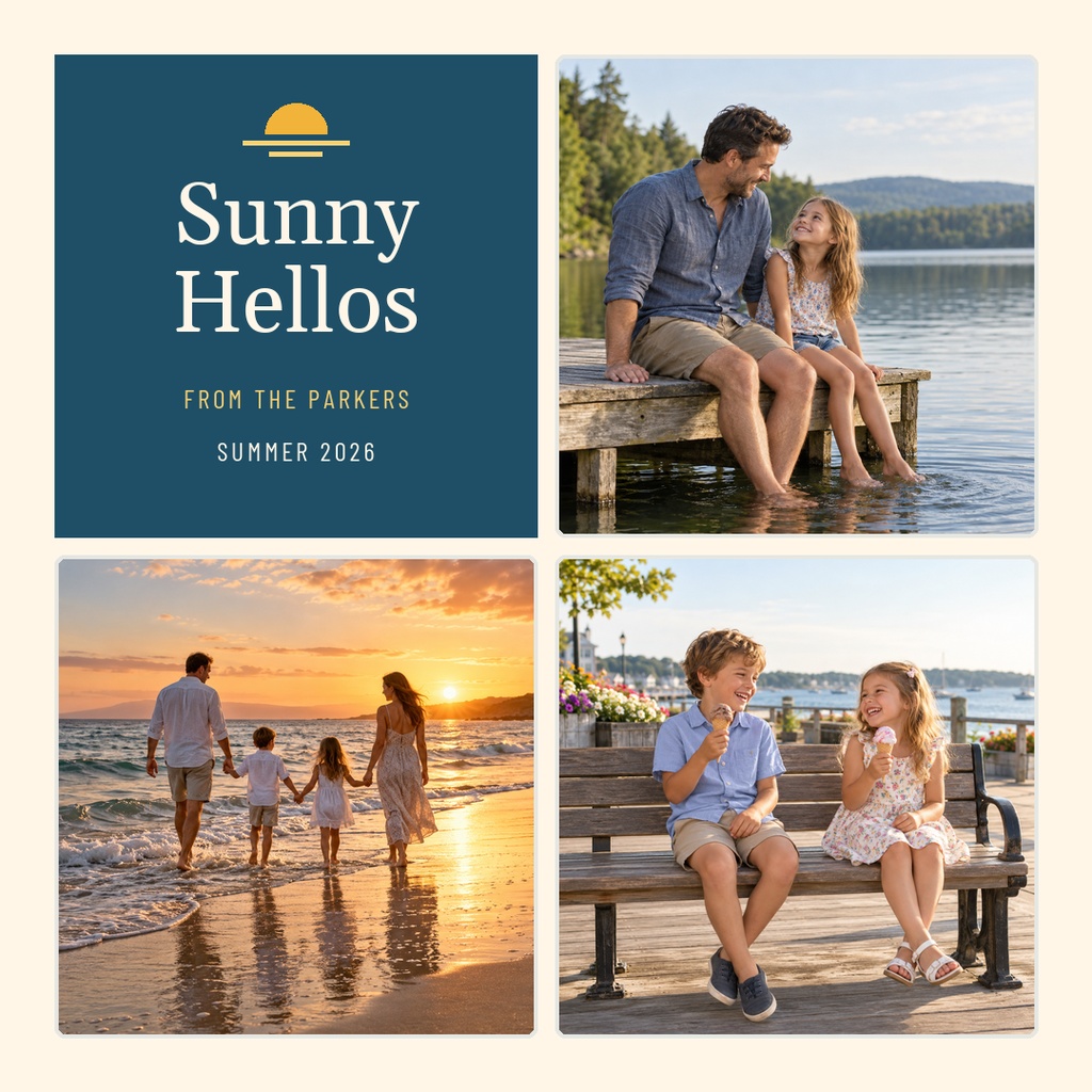 Square photo card with the words Sunny Hellos and three family summer photos.