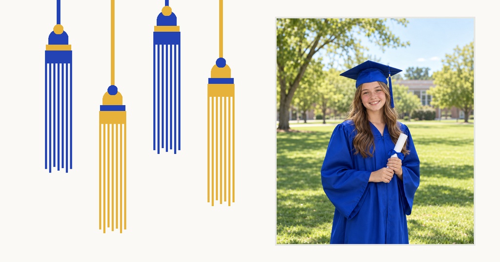 Graduation-themed cover with hanging blue and gold decorations and a student in a blue cap and gown
