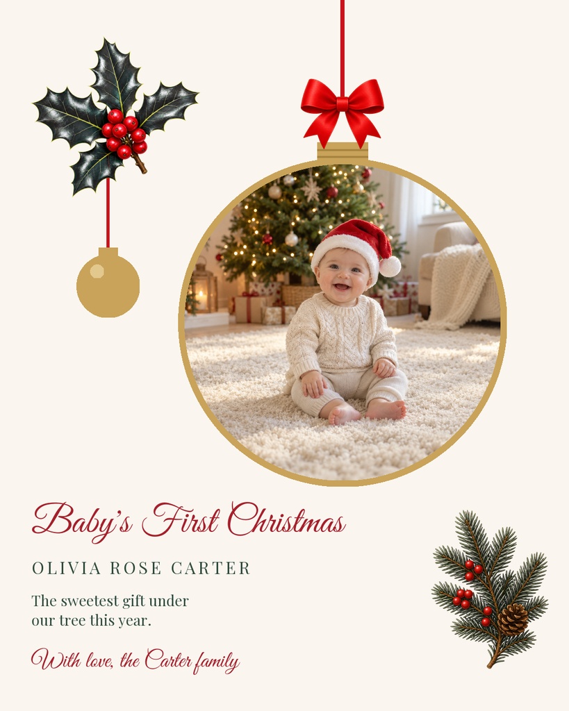 Portrait holiday card with a baby photo in a gold circle, red bow, and Christmas greenery decorations.
