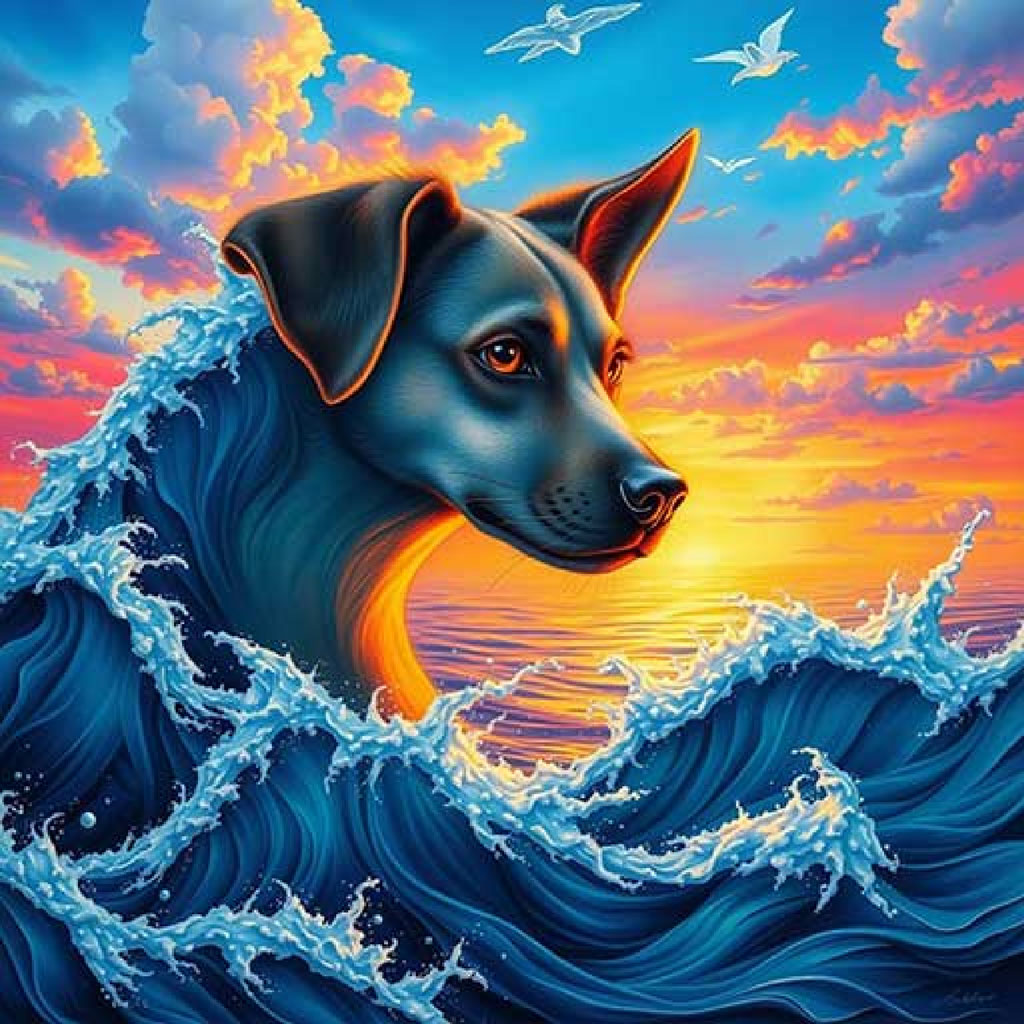 Digital artwork of ocean waves at sunset with vibrant colors