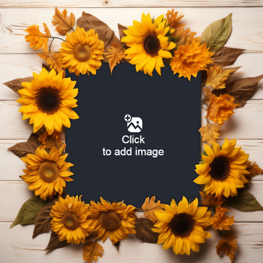 Sunflowers and leaves framing a black square on a white wooden surface
