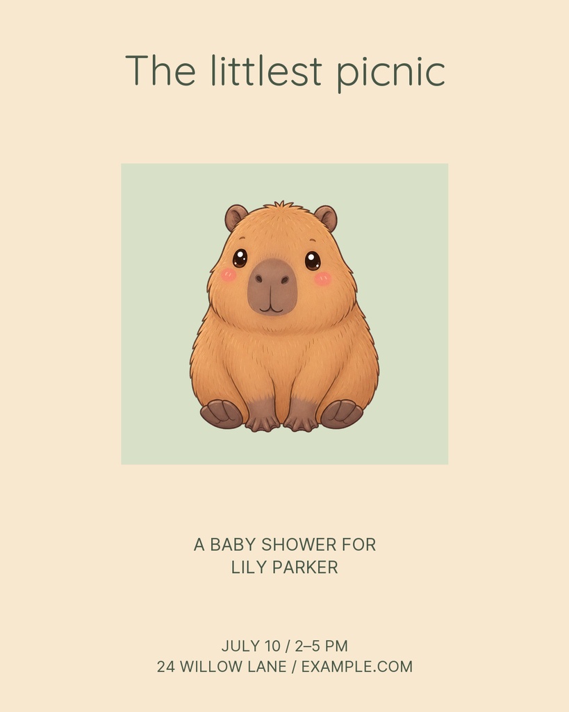 Pastel baby shower template with a cute capybara illustration and centered text.