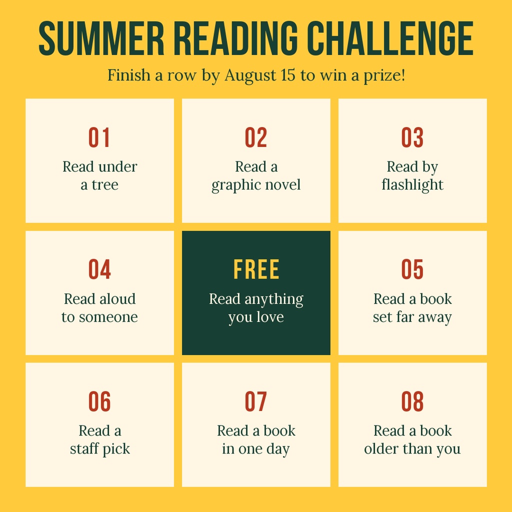 Square summer reading challenge graphic with eight reading prompt boxes and a free space.