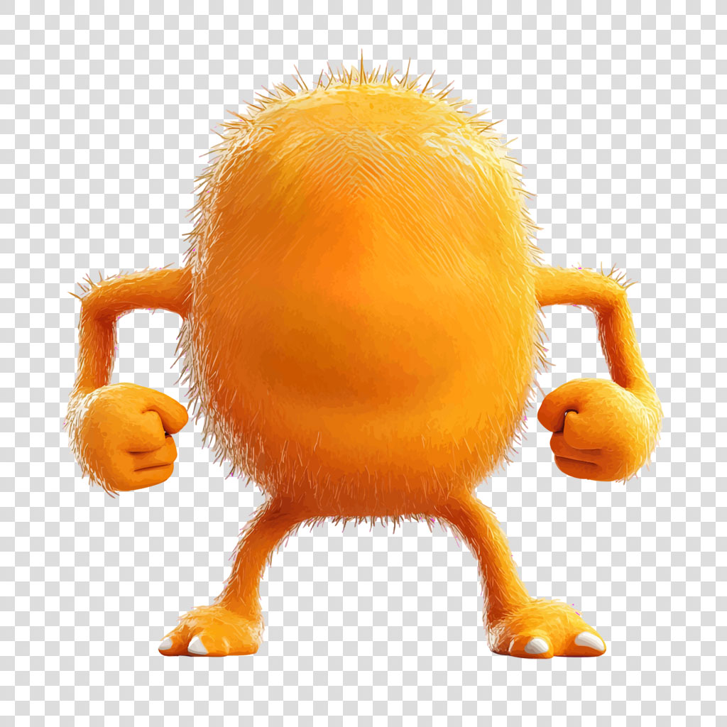 A 3D rendering of an orange, fuzzy creature with a round body and outstretched arms.