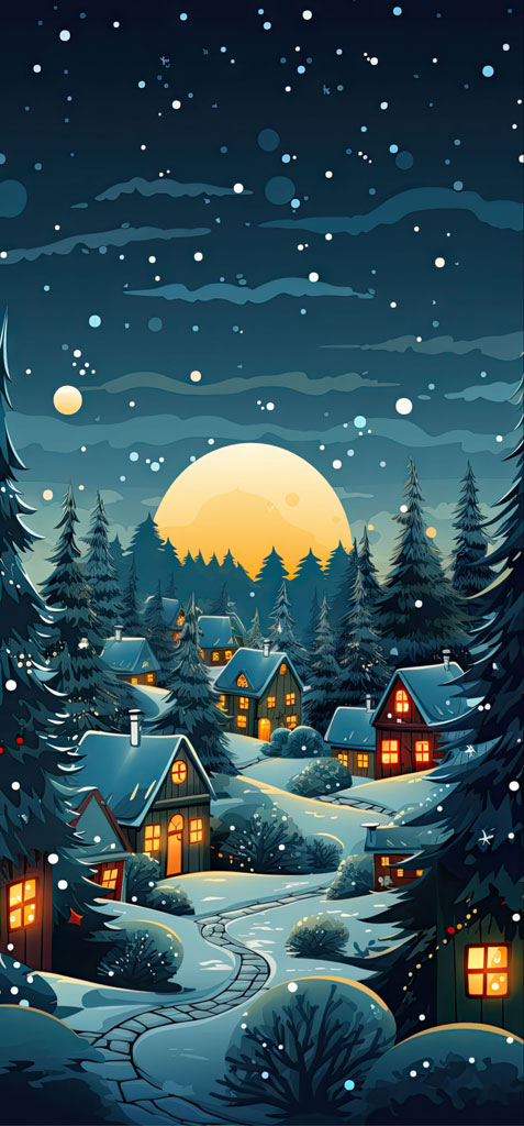 Illustration of a snowy village at night with houses and trees under a starry sky