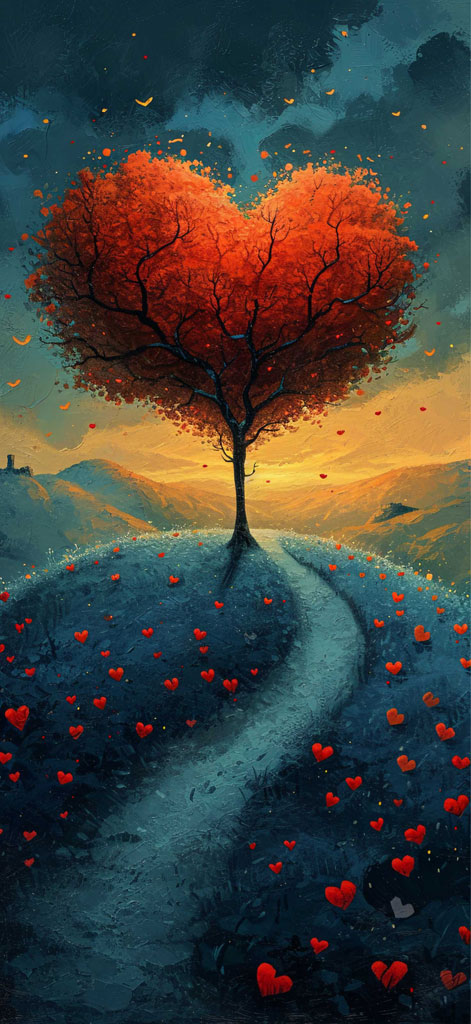 A digital painting of a tree with heart-shaped leaves on a hill with a winding path and red hearts scattered around.