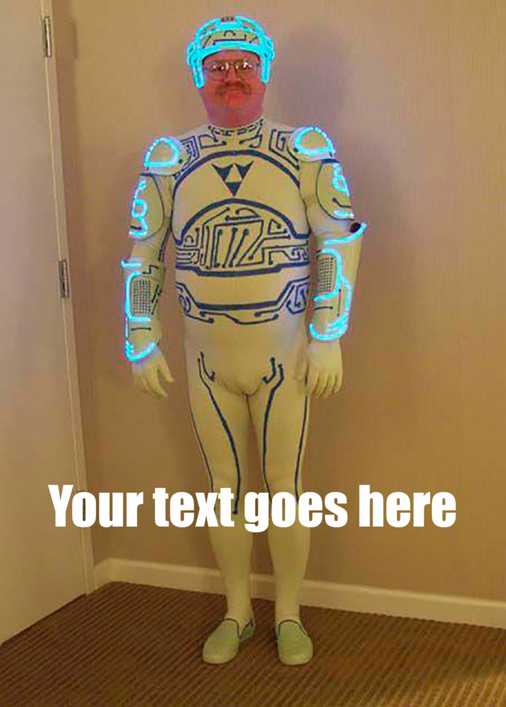 Man in a white and blue futuristic costume