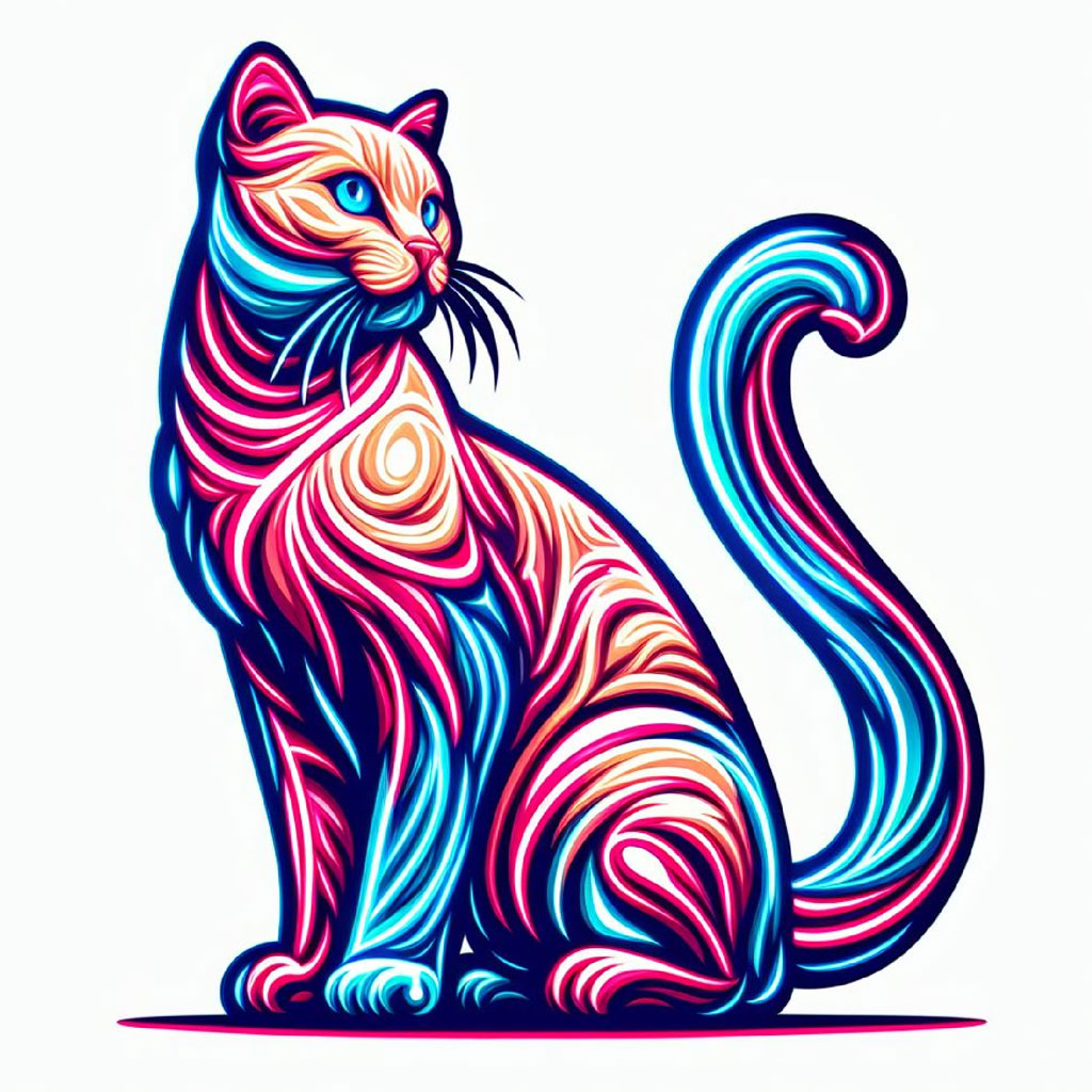 A stylized cat head with blue and pink hues and flowing lines.