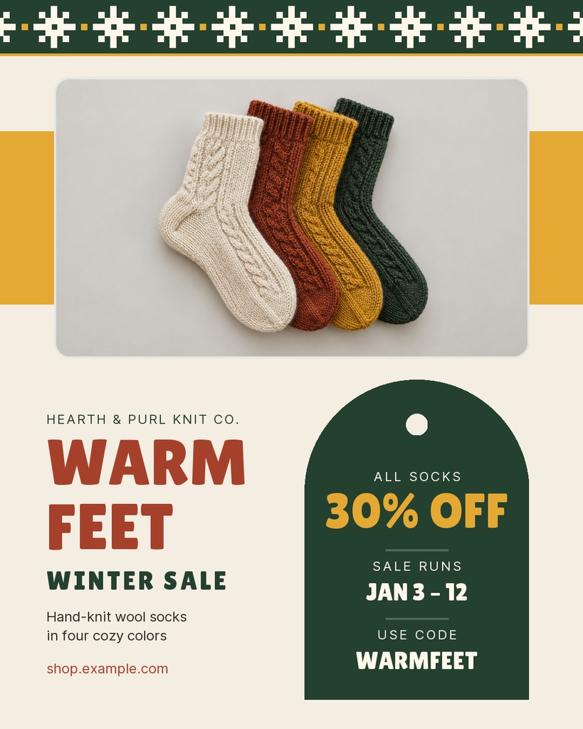Instagram portrait template featuring knit socks and a 30% off winter sale promotion.