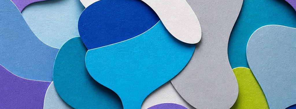 Abstract layered paper-like shapes in blue, teal, gray, and lime on a landscape background