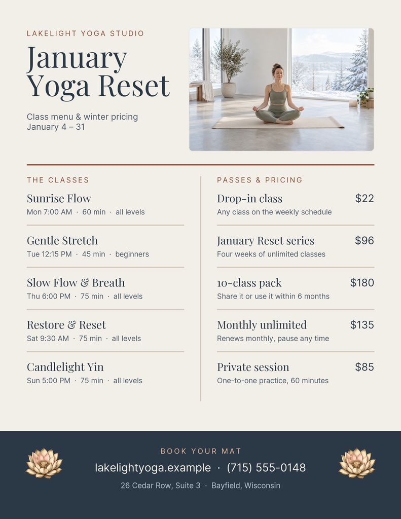 Portrait yoga studio price list with January Yoga Reset title, class schedule, pricing, and meditating woman photo.